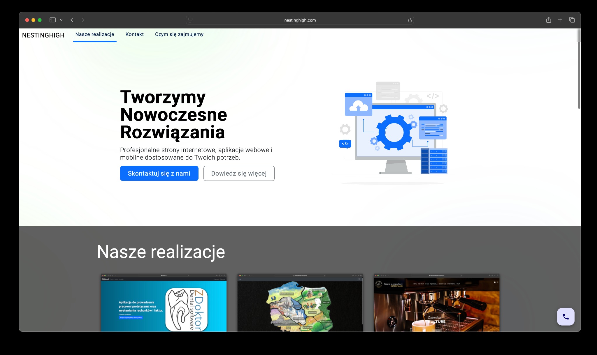 Strona internetowa firmy NestingHigh z hasłem „Tworzymy Nowoczesne Rozwiązania” i przykładami realizacji, w tym aplikacją dla pracowni protetycznej.