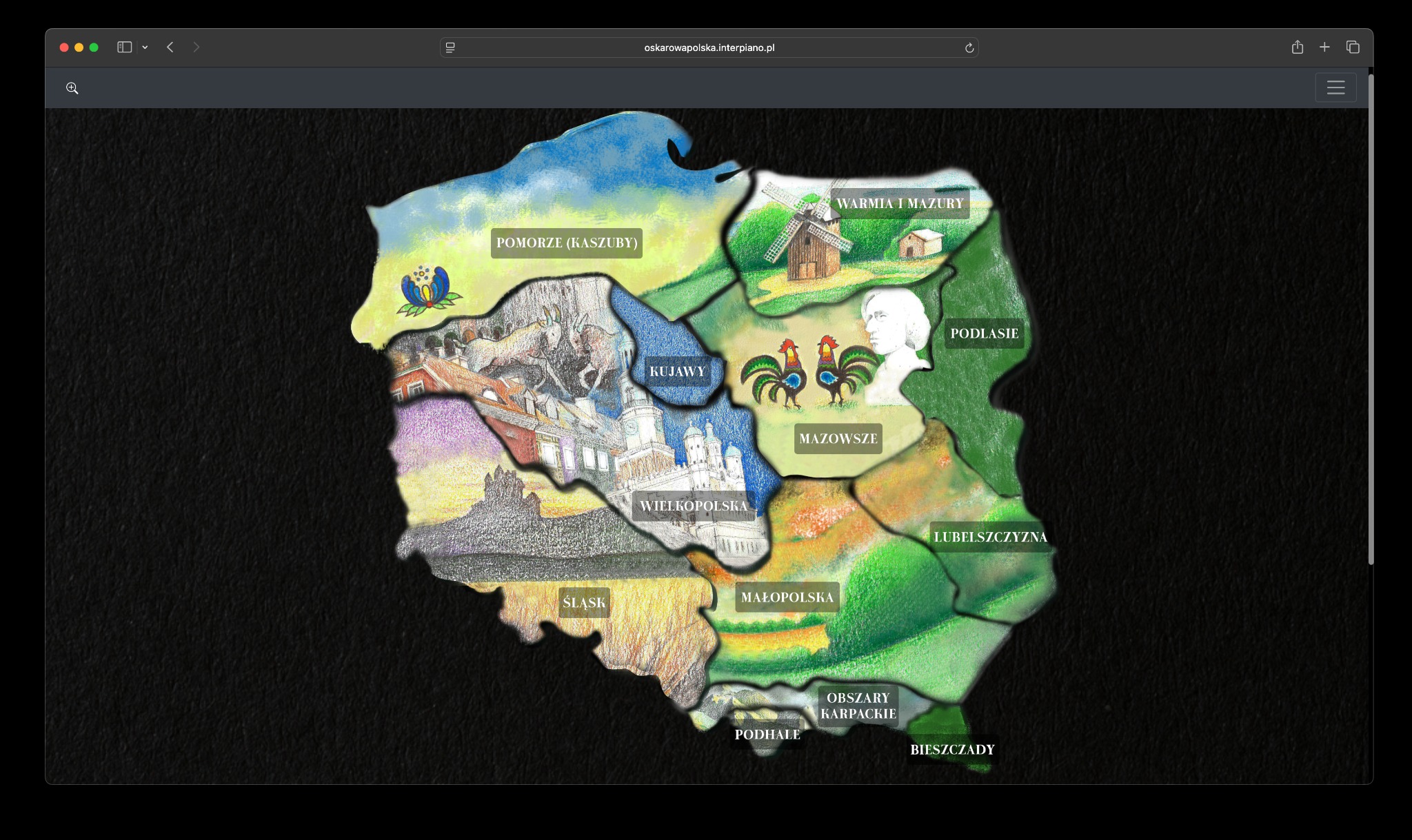 Ilustracja mapy Polski z podziałem na regiony, w stylu rysunku odręcznego, wyświetlana w oknie przeglądarki na ciemnym tle.