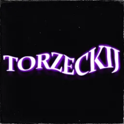Neonowe litery 'TORZECKIJ' na czarnym tle, tworzące unikalny efekt wizualny. Tekst lekko zakrzywiony, z fioletową poświatą.