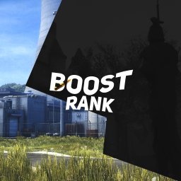 Jakub Torzecki - Grafika z napisem 'BOOST RANK' na tle elektrowni atomowej i sylwetki żołnierza, sugerująca promocję w grze komputerowej.