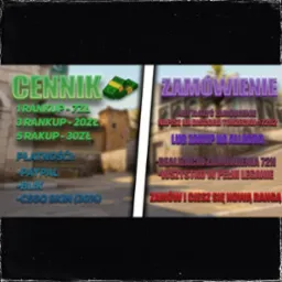 Grafika z cennikiem i instrukcją zamówienia usługi podnoszenia rangi w grze Counter-Strike. Informacje o płatnościach: PayPal, BLIK, skiny CS:GO.