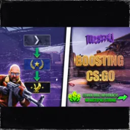 Grafika promująca boosting CS:GO. Widoczne rangi, postać z gry z bronią oraz informacja o cenniku na następnej stronie. Dynamiczna kompozycja.