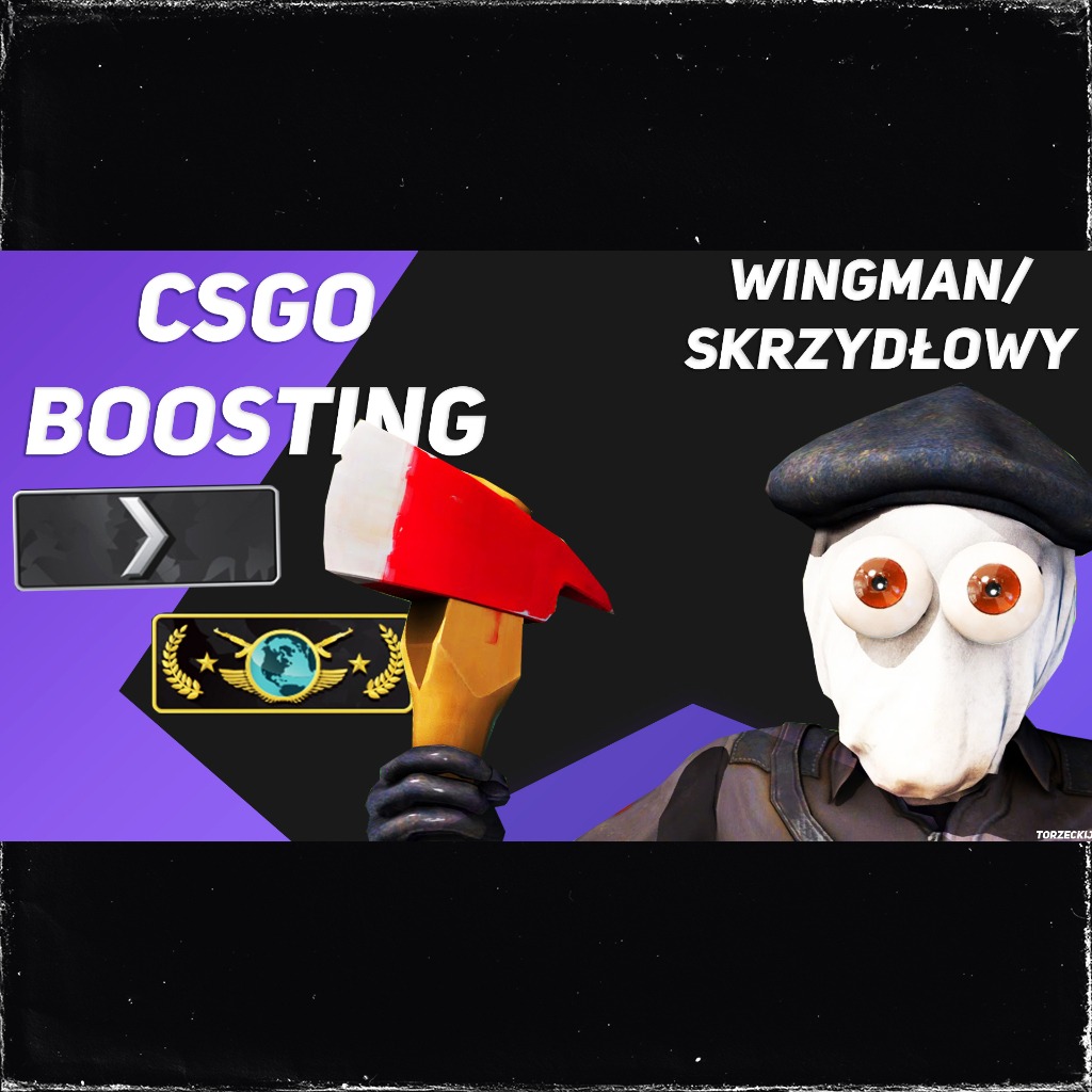 Grafika z napisem 'CSGO Boosting' i 'Wingman/Skrzydłowy', z motywami gry Counter-Strike: Global Offensive i postacią w masce.