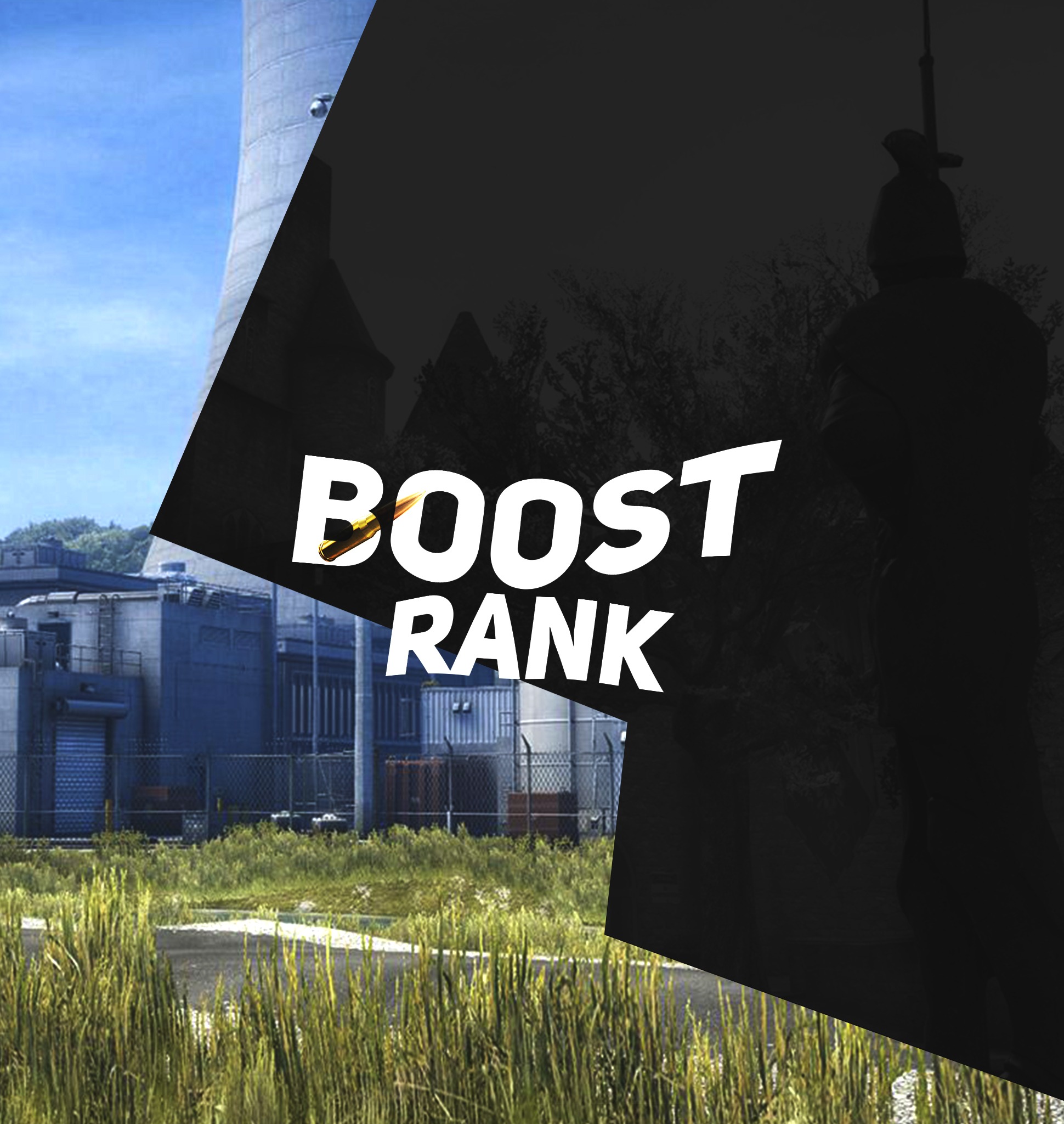 Grafika z napisem 'BOOST RANK' na tle elektrowni atomowej i sylwetki żołnierza, sugerująca promocję w grze komputerowej.