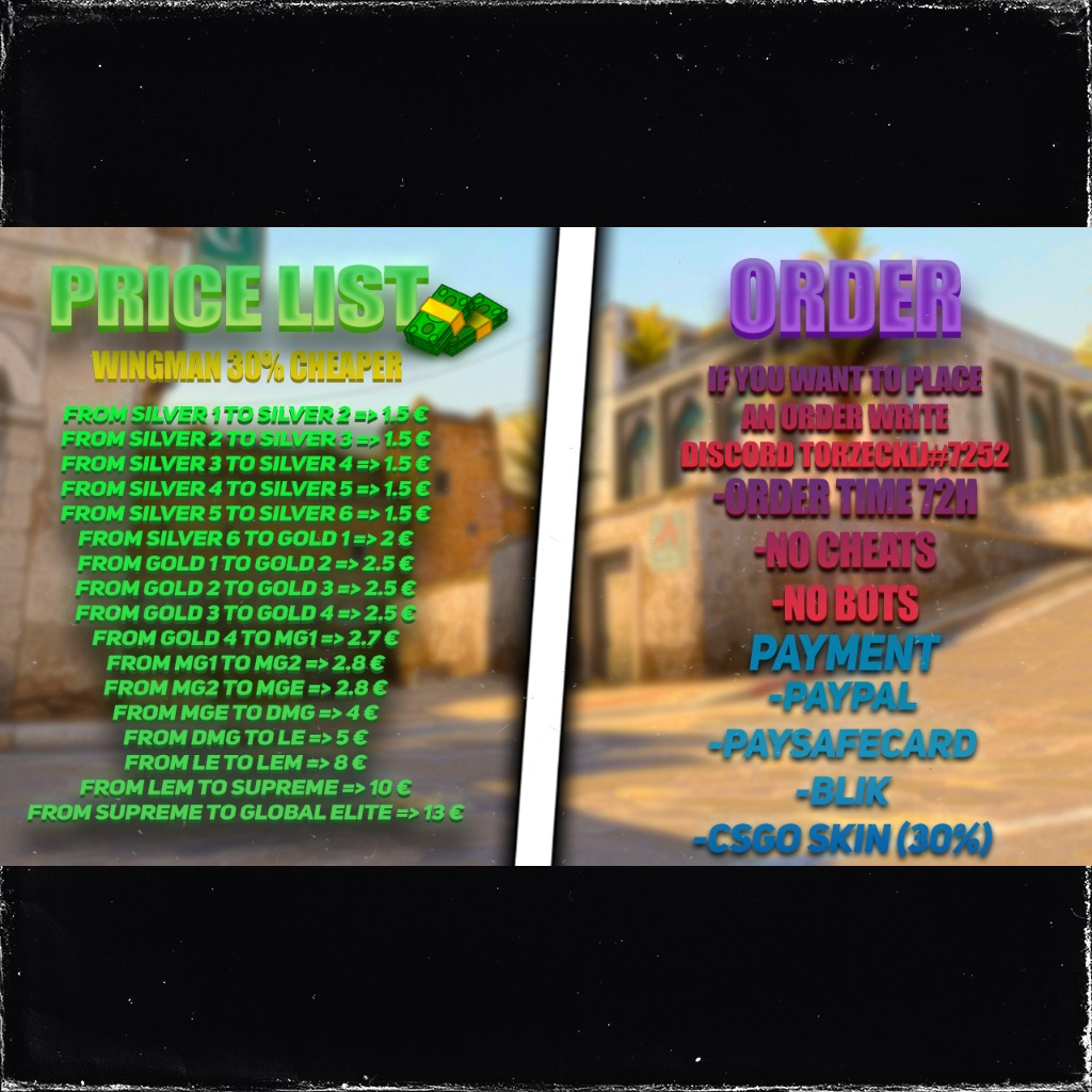 Grafika z cennikiem i instrukcją zamówienia usługi boostingu w grze Counter-Strike: Global Offensive (CS:GO). Oferta zawiera poziomy i metody płatności.