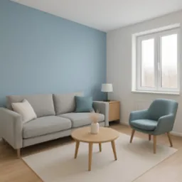 Jasny salon po malowaniu w Jastrzębiu-Zdroju: błękitna ściana za szarą sofą, okno z widokiem na drzewa, drewniany stolik i fotel w odcieniach błękitu.