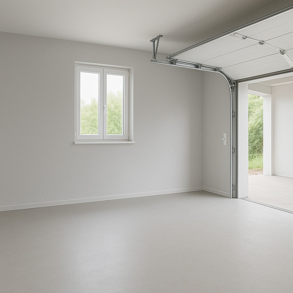 Jasne wnętrze garażu z otwartą bramą i oknem. Ściany pokryte delikatną fakturą, podłoga w odcieniach szarości. Widok na zieleń za bramą.