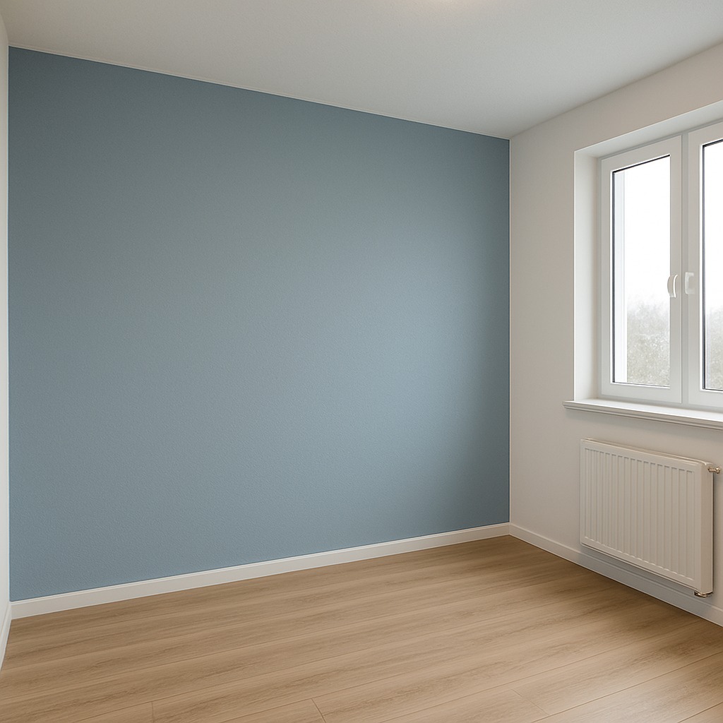 Pusty pokój po remoncie: błękitna ściana, jasne panele, białe okno z grzejnikiem. Minimalistyczne wnętrze, świeżo po malowaniu, gotowe do umeblowania. Dobre oświetlenie.