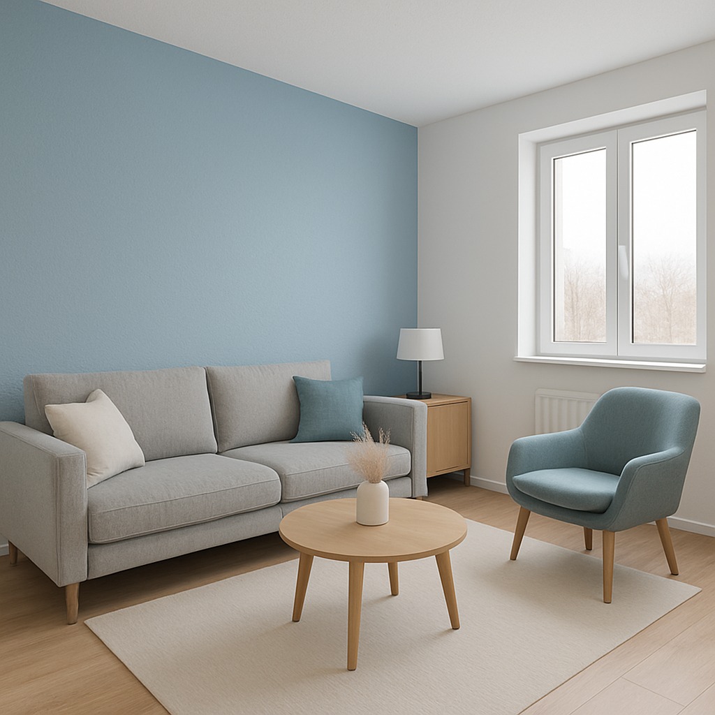 Jasny salon po malowaniu w Jastrzębiu-Zdroju: błękitna ściana za szarą sofą, okno z widokiem na drzewa, drewniany stolik i fotel w odcieniach błękitu.