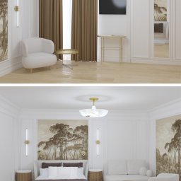 Anna Walentyna Karczewska architektura wnętrz - Elegancka aranżacja wnętrza sypialni z tapetą w motywy drzew, miękkim fotelem i złotymi akcentami, widoczna z dwóch perspektyw, podkreślająca spójny design.