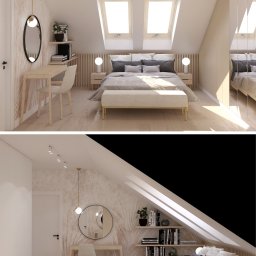 Anna Walentyna Karczewska architektura wnętrz - Jasna sypialnia na poddaszu z łóżkiem, toaletką z lustrem i półkami na książki. Uwagę przykuwają okna dachowe i stonowana kolorystyka wnętrza.