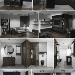 Kolaż wnętrz: kuchnia z wyspą, salon z sofą, łazienka z okrągłym lustrem, sypialnia z ciemnoniebieską ścianą, pokój z biurkiem i komputerem, w nowoczesnym stylu.