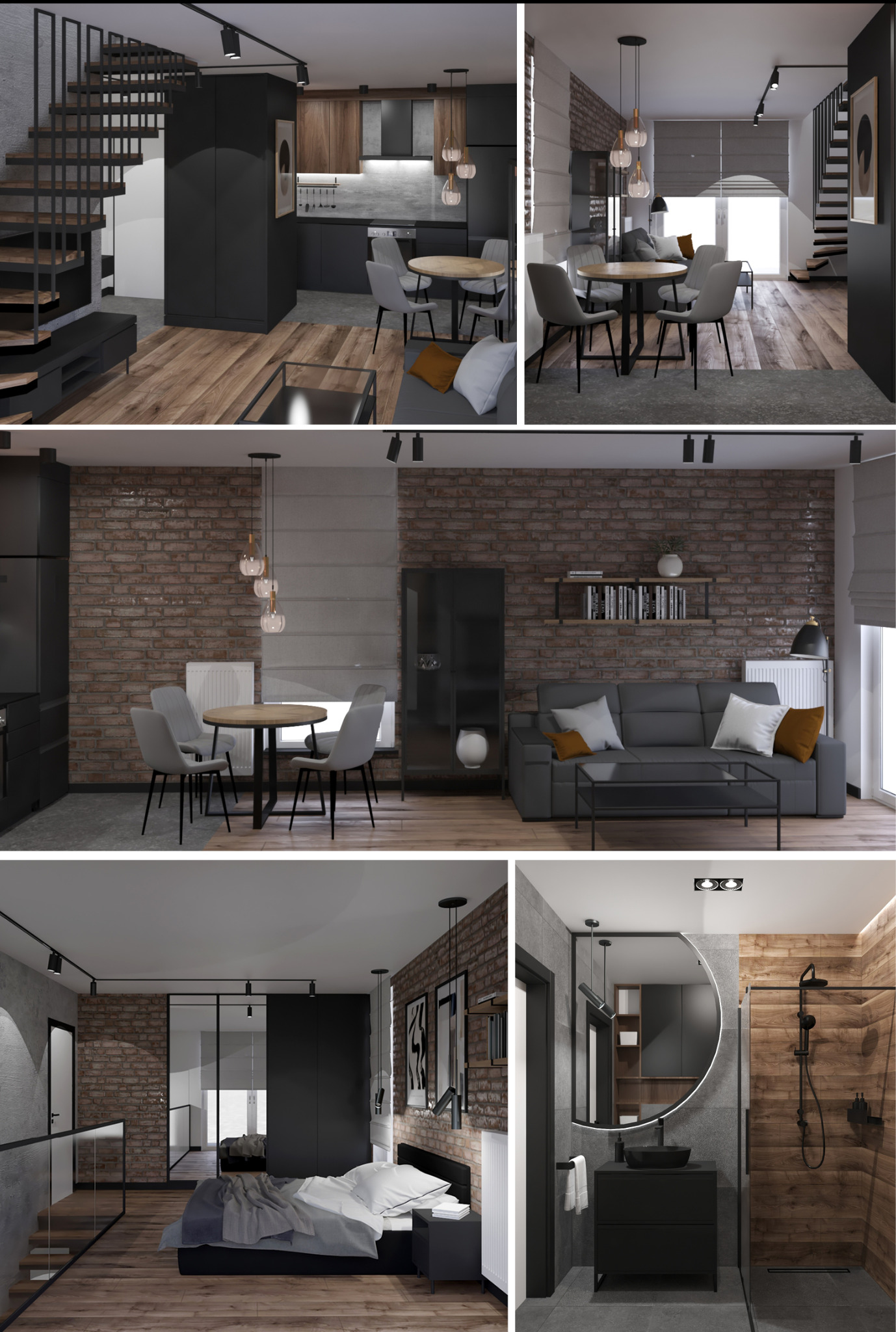 Wizualizacja wnętrza domu: salon z aneksem kuchennym, sypialnia za szklaną ścianą i łazienka z drewnianymi akcentami. Nowoczesny design w odcieniach szarości i czerni.