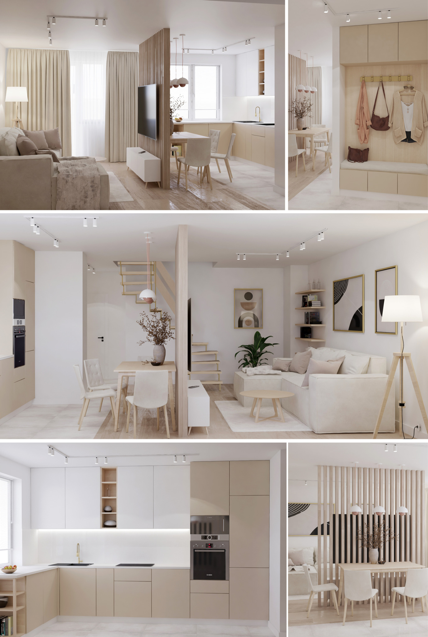 Jasne, nowoczesne wnętrze mieszkania z salonem, jadalnią i kuchnią w odcieniach beżu i bieli. Widoczny podział przestrzeni drewnianą ażurową ścianką.