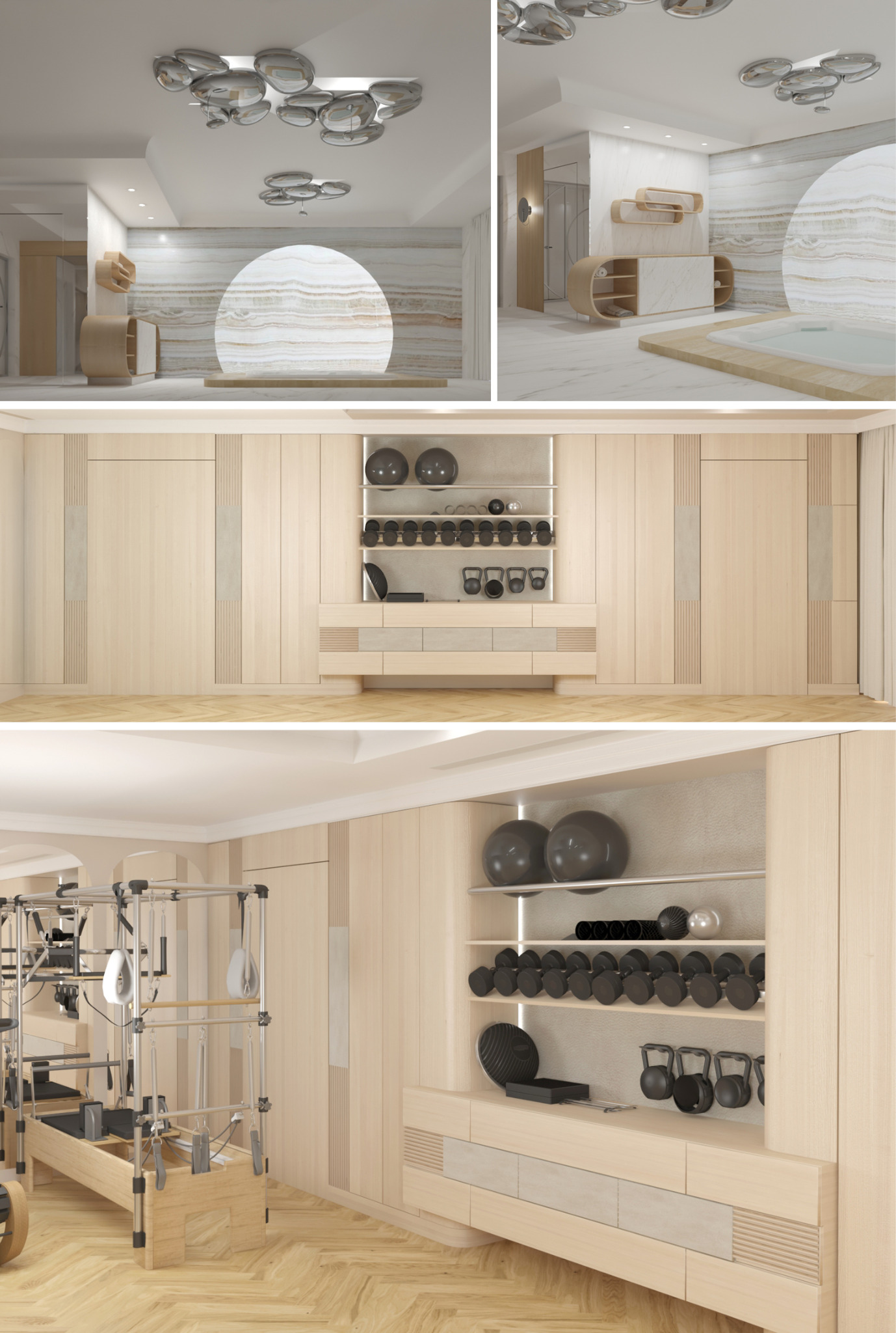 Nowoczesna aranżacja domowej siłowni z drewnianymi szafkami, półkami na sprzęt i maszyną do ćwiczeń pilates. Unikalne oświetlenie sufitowe i marmurowe wykończenie ściany.