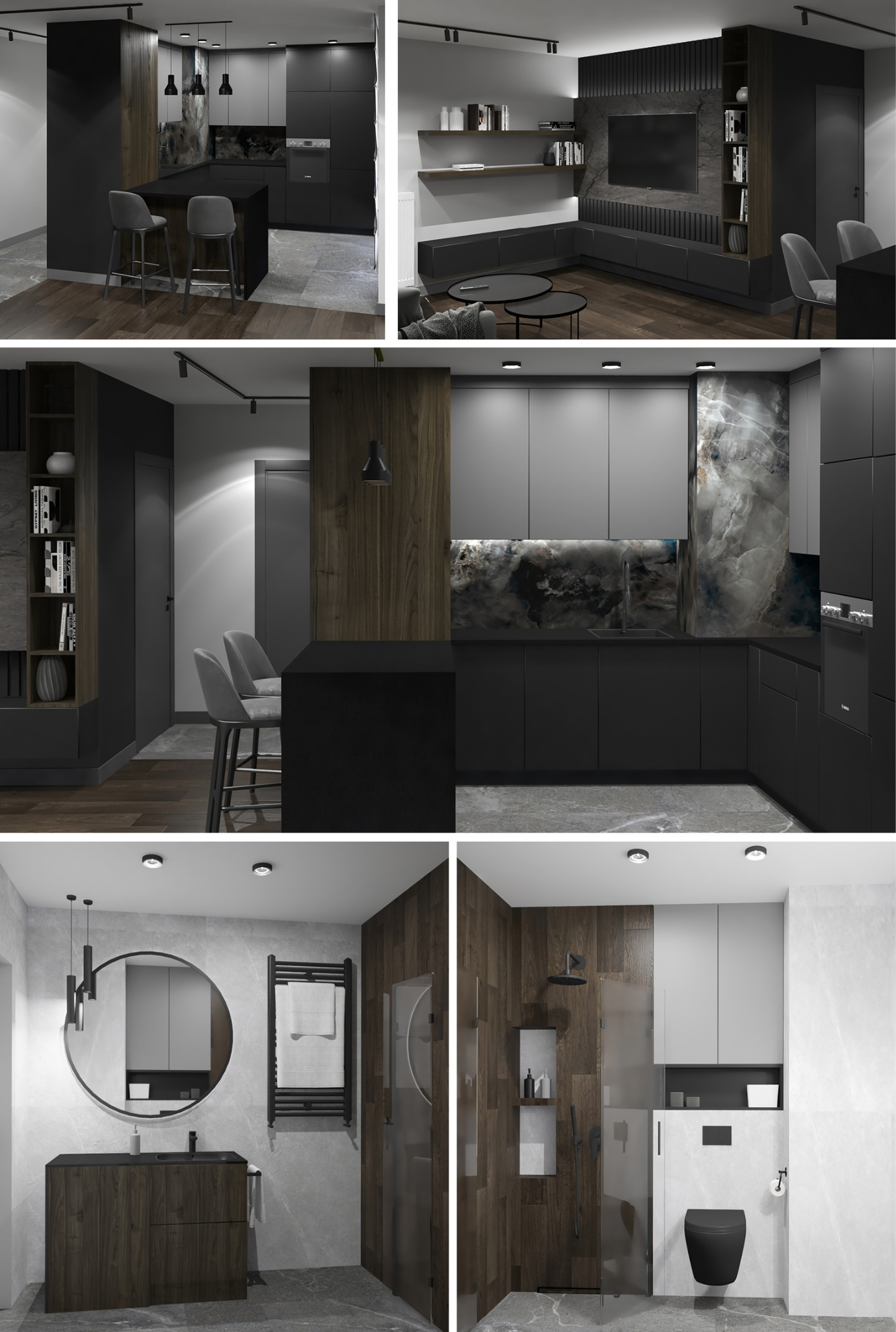 Wizualizacja wnętrz: kuchnia z wyspą, salon z TV, łazienka z okrągłym lustrem i kabiną prysznicową. Dominują szarości, czerń i drewno. Nowoczesny minimalizm.