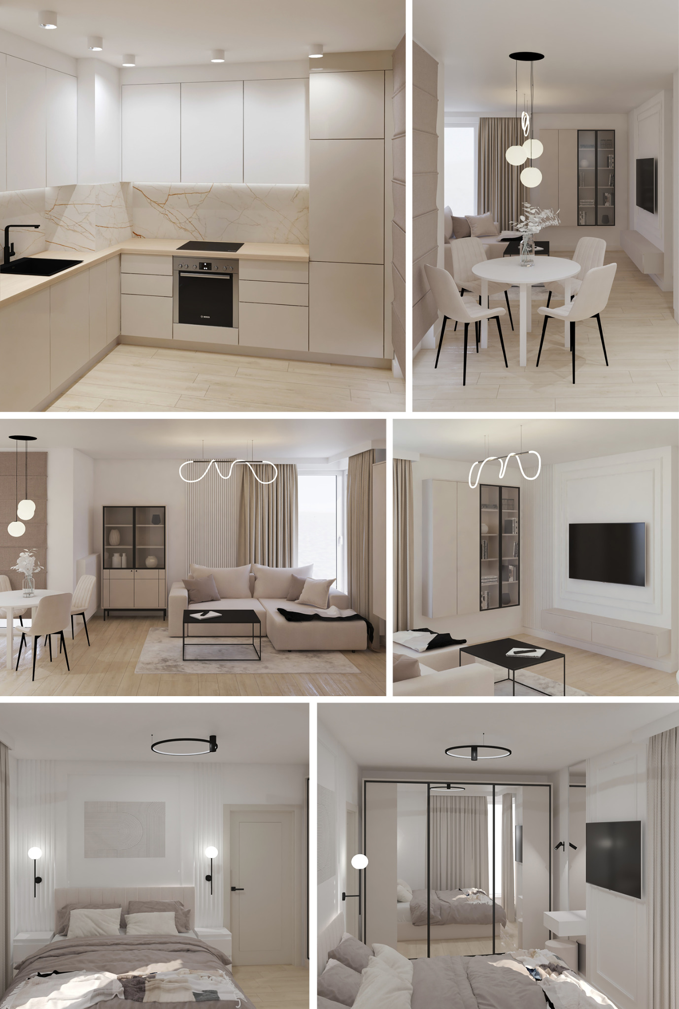Wnętrze apartamentu: kuchnia z marmurowym backsplash, salon z sofą i TV, sypialnia z łóżkiem i lustrzanymi drzwiami szafy. Stonowana kolorystyka, nowoczesny design.