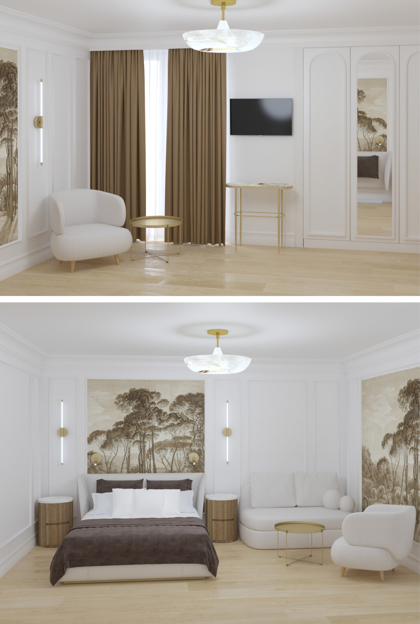 Elegancka aranżacja wnętrza sypialni z tapetą w motywy drzew, miękkim fotelem i złotymi akcentami, widoczna z dwóch perspektyw, podkreślająca spójny design.
