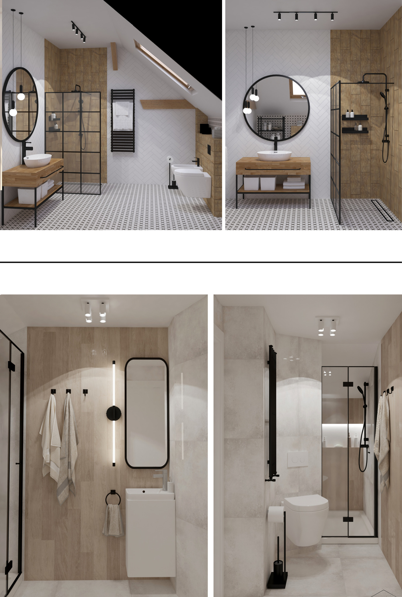 Wizualizacja nowoczesnej łazienki z kabiną prysznicową typu walk-in, okrągłym lustrem i drewnianą szafką pod umywalką. Uwagę zwraca wzór płytek podłogowych.