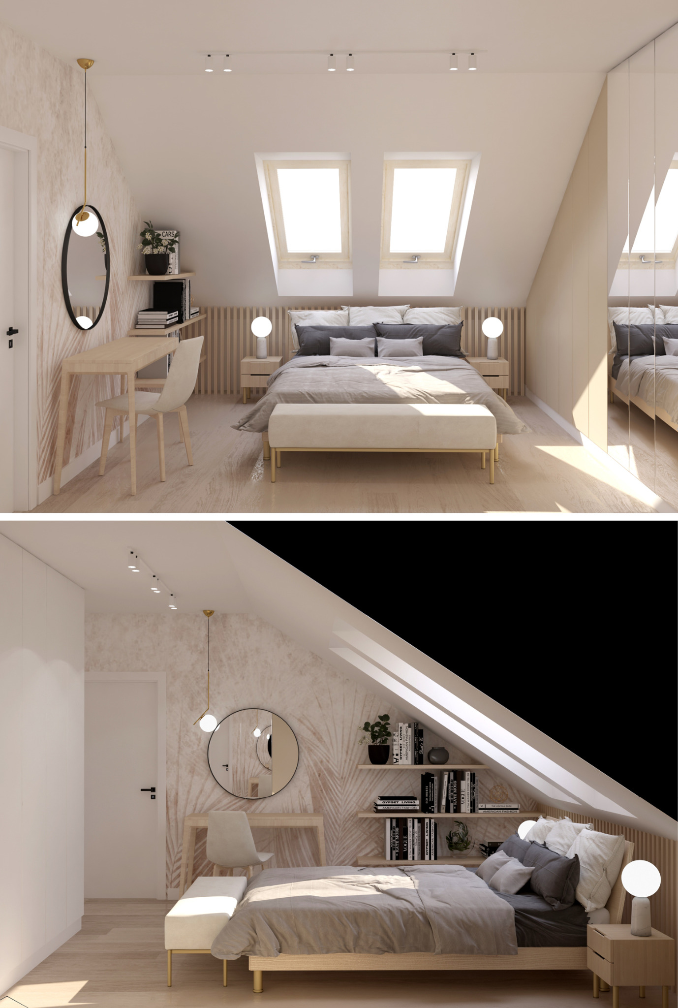 Jasna sypialnia na poddaszu z łóżkiem, toaletką z lustrem i półkami na książki. Uwagę przykuwają okna dachowe i stonowana kolorystyka wnętrza.