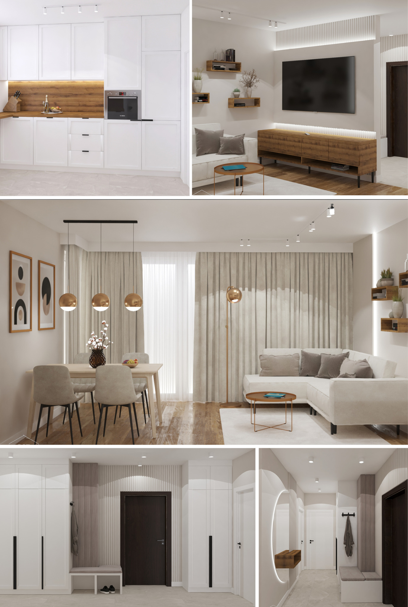 Wnętrze mieszkania: kuchnia z drewnianym panelem, salon z TV, jadalnia z okrągłymi lampami, przedpokój z szafami i lustrem. Jasne kolory i nowoczesny design.