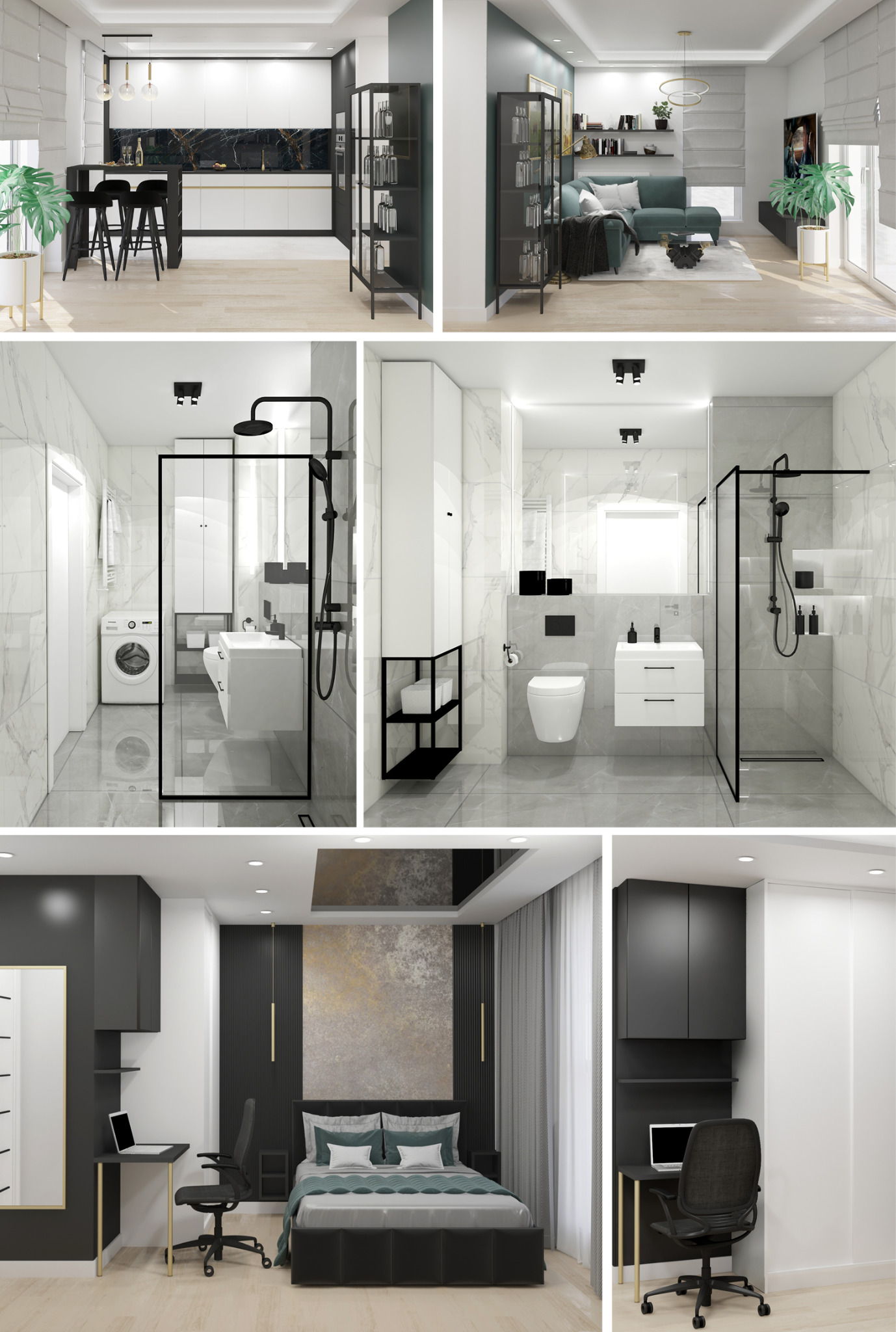 Wielokadrowy kolaż z aranżacji wnętrz w Warszawie: kuchnia z barkiem, salon z sofą, łazienka z kabiną prysznicową i sypialnia z biurkiem, w nowoczesnym stylu.