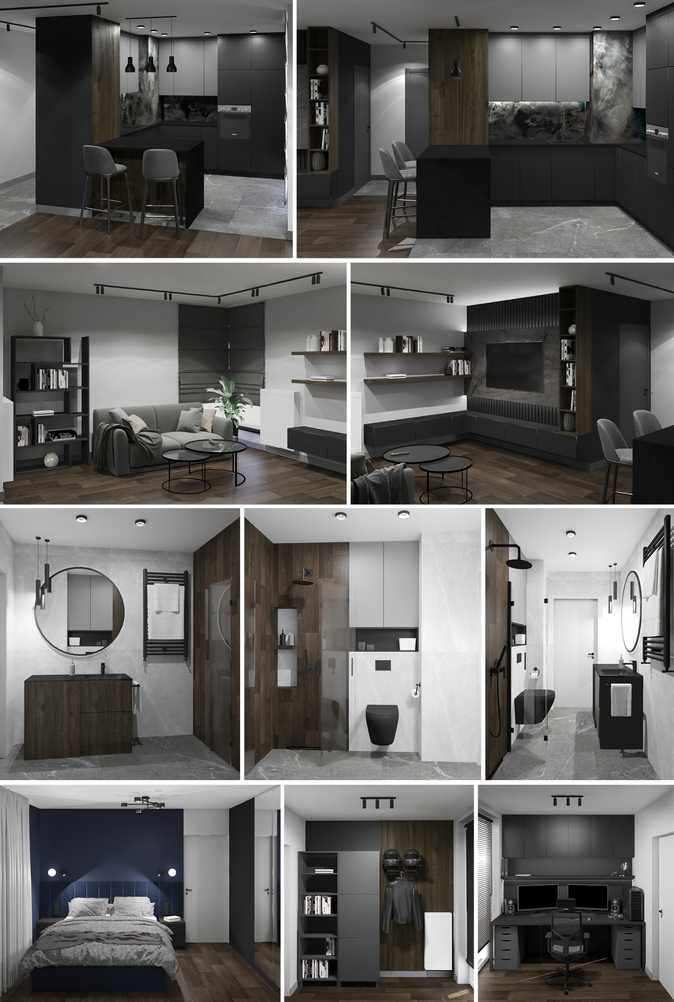 Kolaż wnętrz: kuchnia z wyspą, salon z sofą, łazienka z okrągłym lustrem, sypialnia z ciemnoniebieską ścianą, pokój z biurkiem i komputerem, w nowoczesnym stylu.