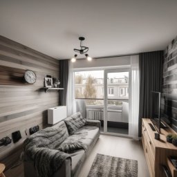 Kamil Dębkowski Nieruchomości - Jasne wnętrze mieszkania z drewnianą ścianą, kanapą i wyjściem na balkon. Minimalistyczny wystrój, neutralna kolorystyka i nowoczesne oświetlenie.