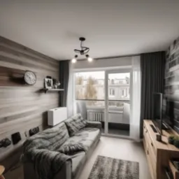 Jasne wnętrze mieszkania z drewnianą ścianą, kanapą i wyjściem na balkon. Minimalistyczny wystrój, neutralna kolorystyka i nowoczesne oświetlenie.