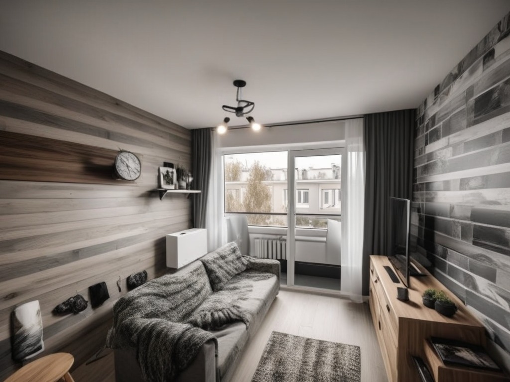 Jasne wnętrze mieszkania z drewnianą ścianą, kanapą i wyjściem na balkon. Minimalistyczny wystrój, neutralna kolorystyka i nowoczesne oświetlenie.