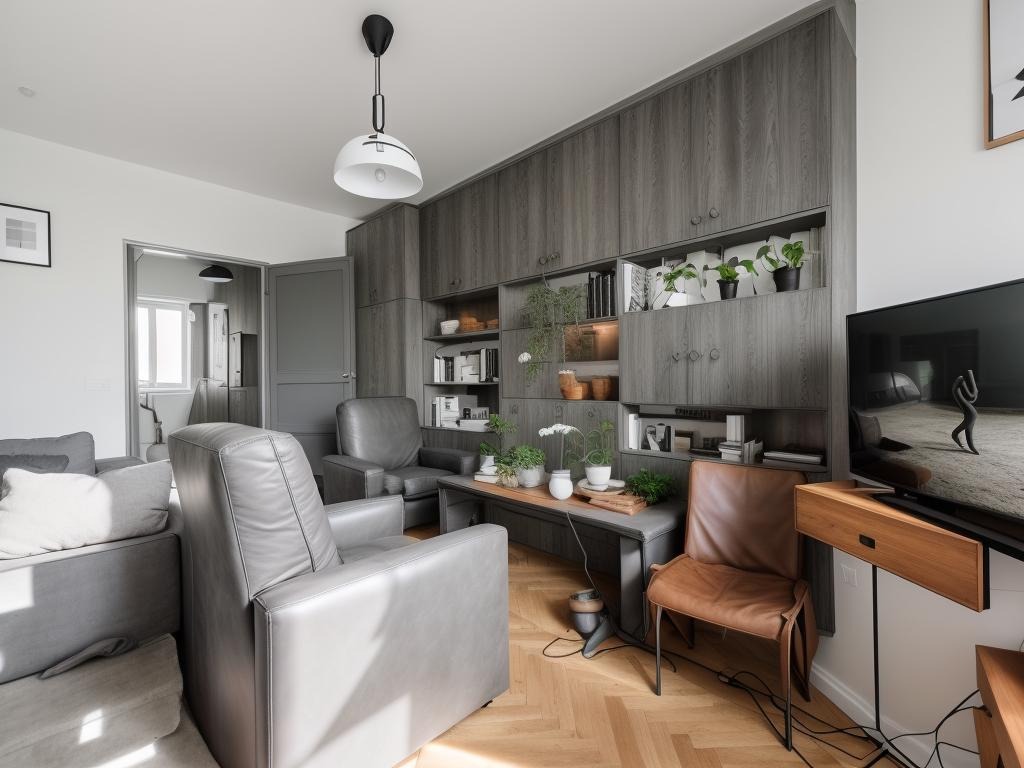 Nowoczesny salon z szarymi meblami, drewnianą podłogą w jodełkę i roślinami na półkach. Minimalistyczny design, stonowana kolorystyka, lampa wisząca.