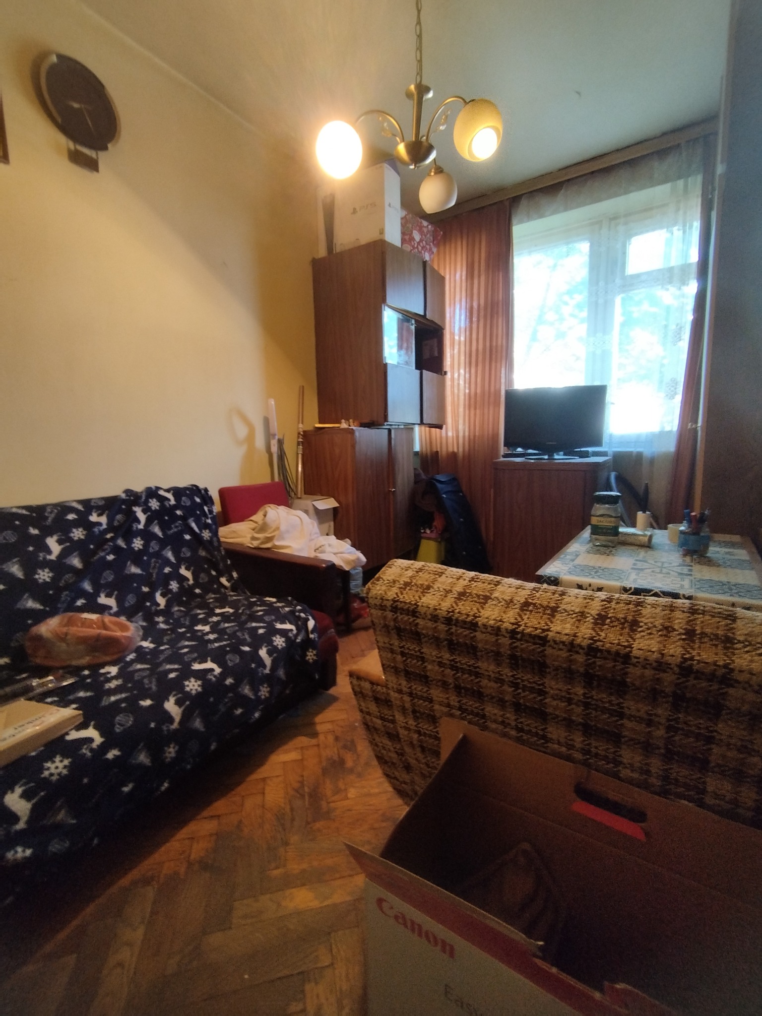 Umeblowane wnętrze pokoju z kanapą w renifery, brązową szafą i telewizorem przy oknie. Widoczne drewniane podłogi i lampa sufitowa.