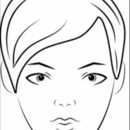 Minimalistyczny, czarno-biały portret kobiety z krótkimi włosami i wyrazistymi oczami, narysowany cienką linią na jasnym tle. Grafika wektorowa.