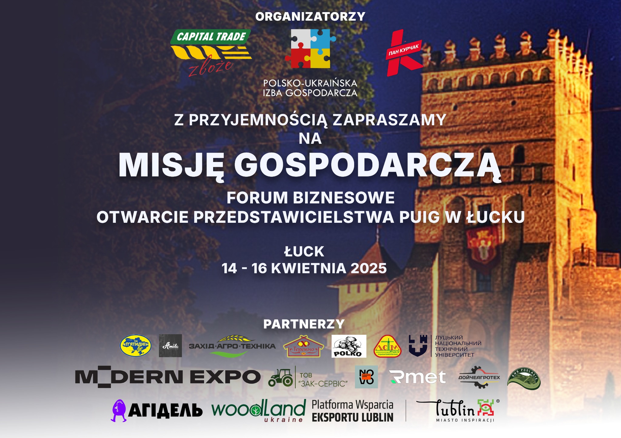 Plakat informujący o misji gospodarczej w Łucku, 14-16 kwietnia 2025. W tle wieża zamkowa, logotypy organizatorów i partnerów, nazwa wydarzenia w centralnej części plakatu.