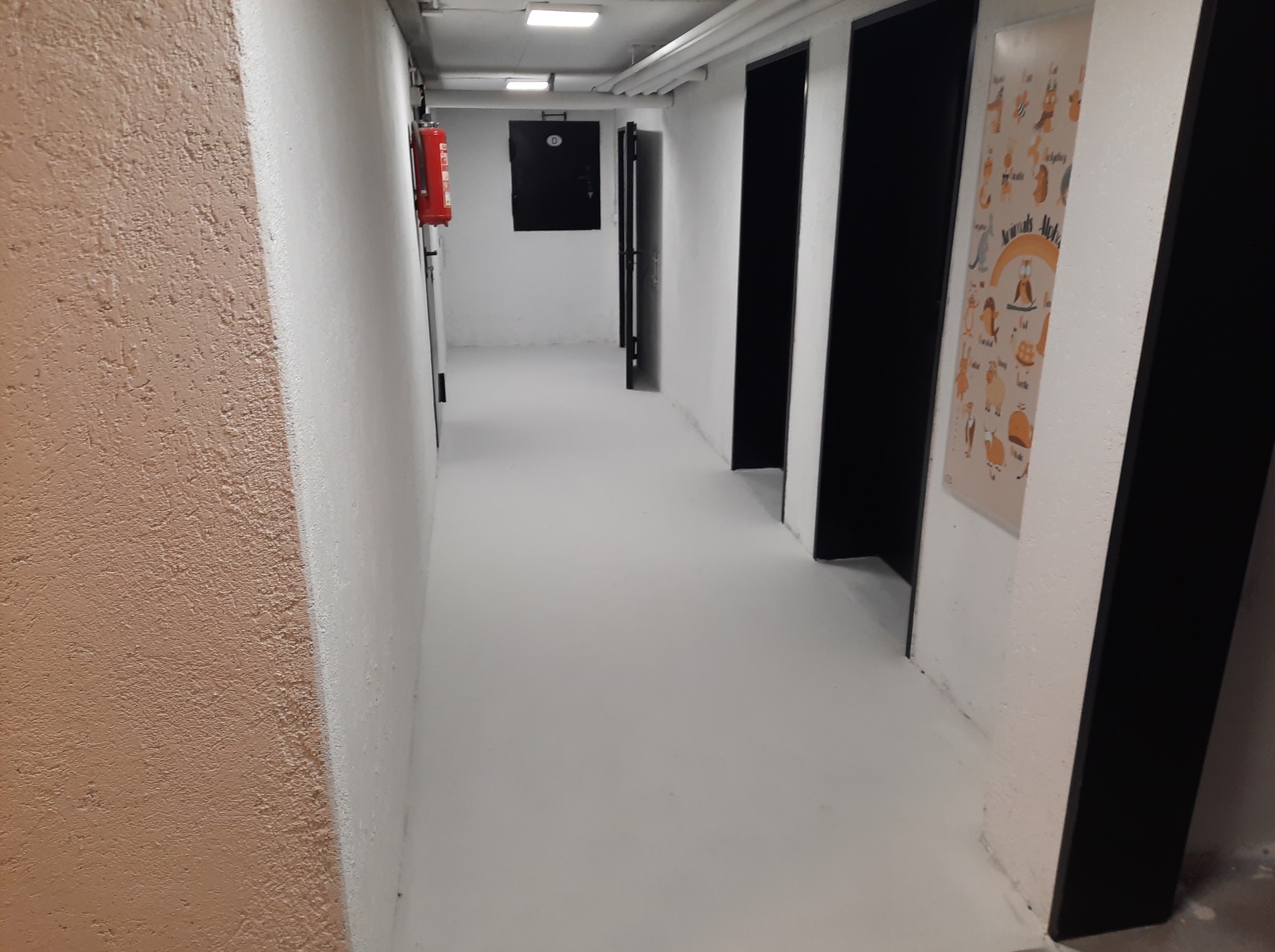 Odnowiony korytarz: świeżo pomalowane ściany w odcieniach bieli i beżu, czarne drzwi i gładka, jasna podłoga. Na ścianie plakat z alfabetem zwierzęcym.