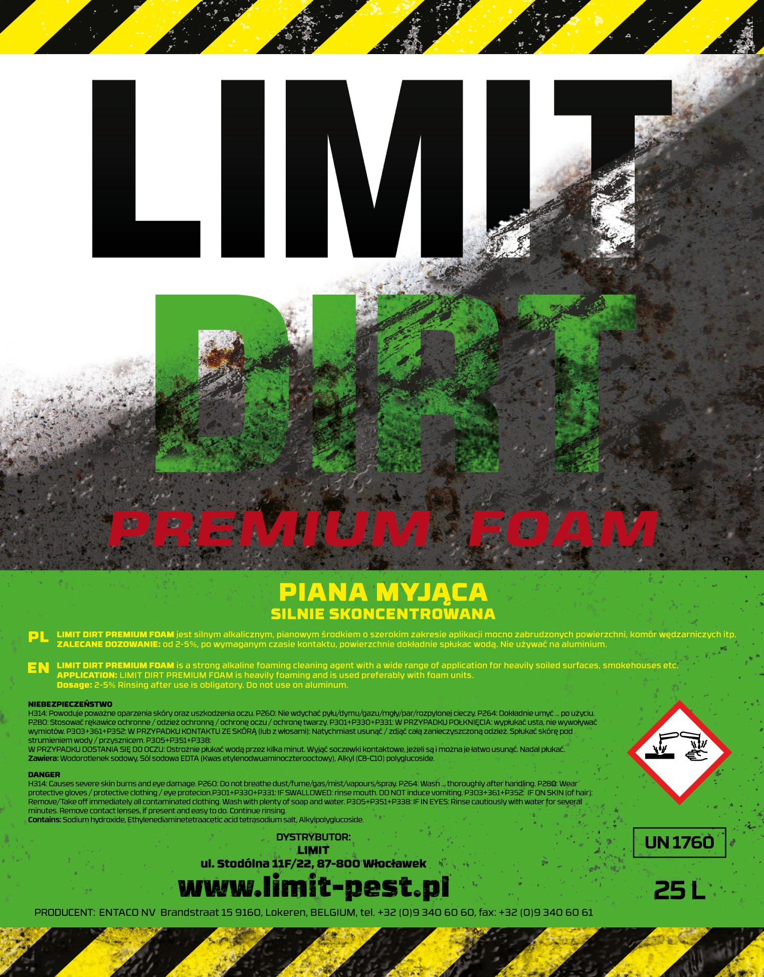 Etykieta środka czyszczącego LIMIT Dirt Premium Foam. Silnie skoncentrowana piana myjąca, przeznaczona do mocno zabrudzonych powierzchni. Zawiera ostrzeżenia.