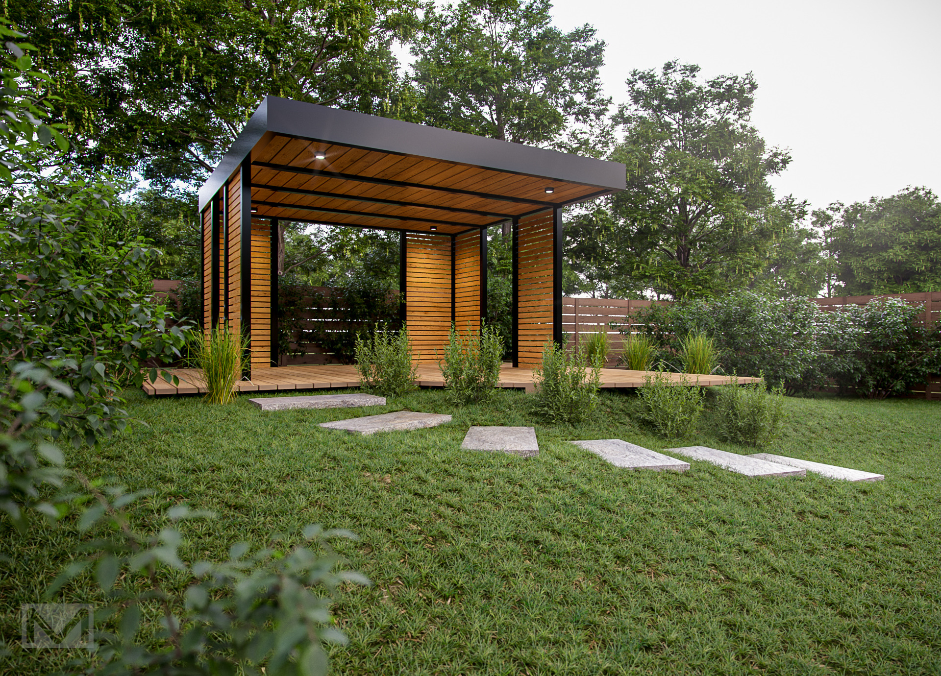 Wizualizacja nowoczesnej altany ogrodowej z drewnianą podłogą i ścieżką z kamiennych płyt na trawniku, otoczonej zielenią i drzewami. Oświetlenie wbudowane w sufit.