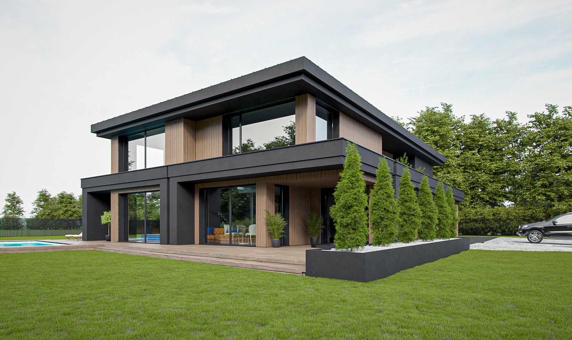 Wizualizacja nowoczesnego domu z płaskim dachem, drewnianą elewacją i dużymi oknami, otoczonego zielonym trawnikiem, basenem i drzewami. Po prawej stronie widoczny samochód.