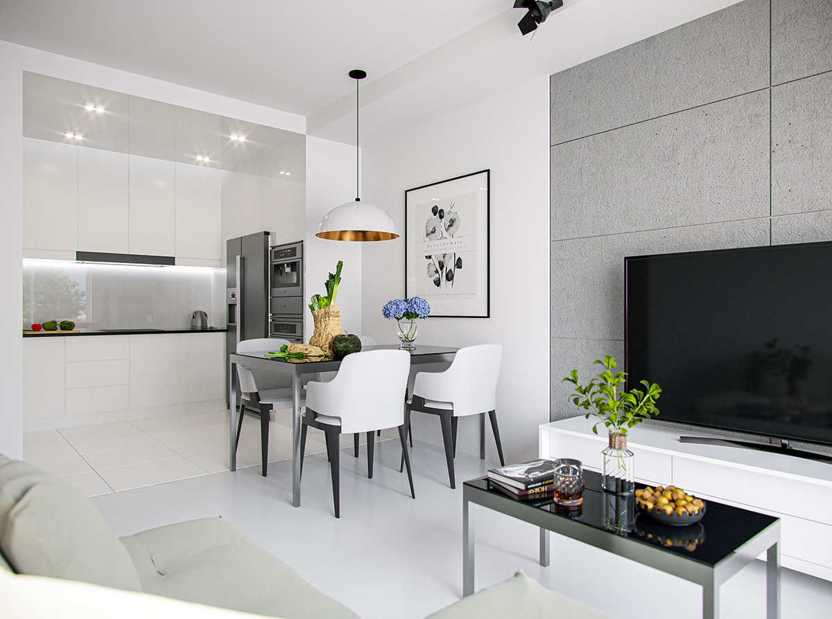 Wnętrze nowoczesnego salonu z aneksem kuchennym. Minimalistyczny design, białe meble, szary stół z krzesłami, lampa wisząca i dekoracje roślinne. Stonowana kolorystyka.