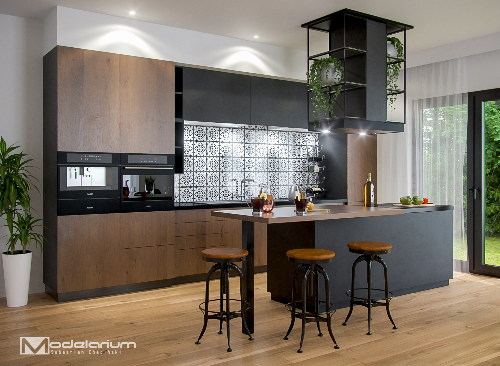 Nowoczesna kuchnia z wyspą i dekoracyjnymi płytkami we Wrocławiu. Drewniane fronty szafek, czarne blaty i wysokie stołki barowe tworzą elegancką przestrzeń.
