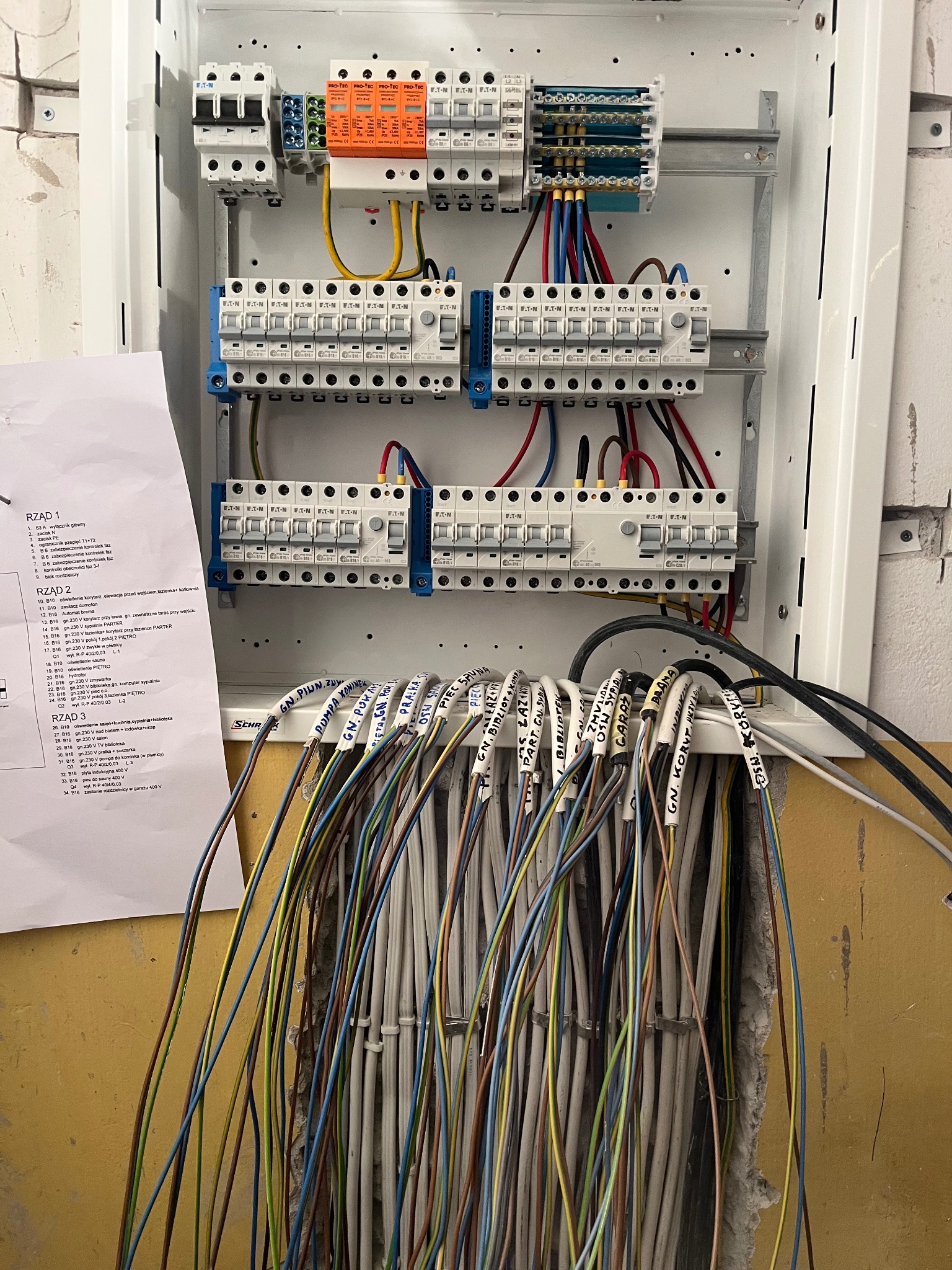 Rozdzielnia elektryczna z oznaczonymi przewodami, widoczne zabezpieczenia i listwa zaciskowa. Przewody opisane, wchodzą do ściany. Tabliczka z opisem obwodów po lewej.
