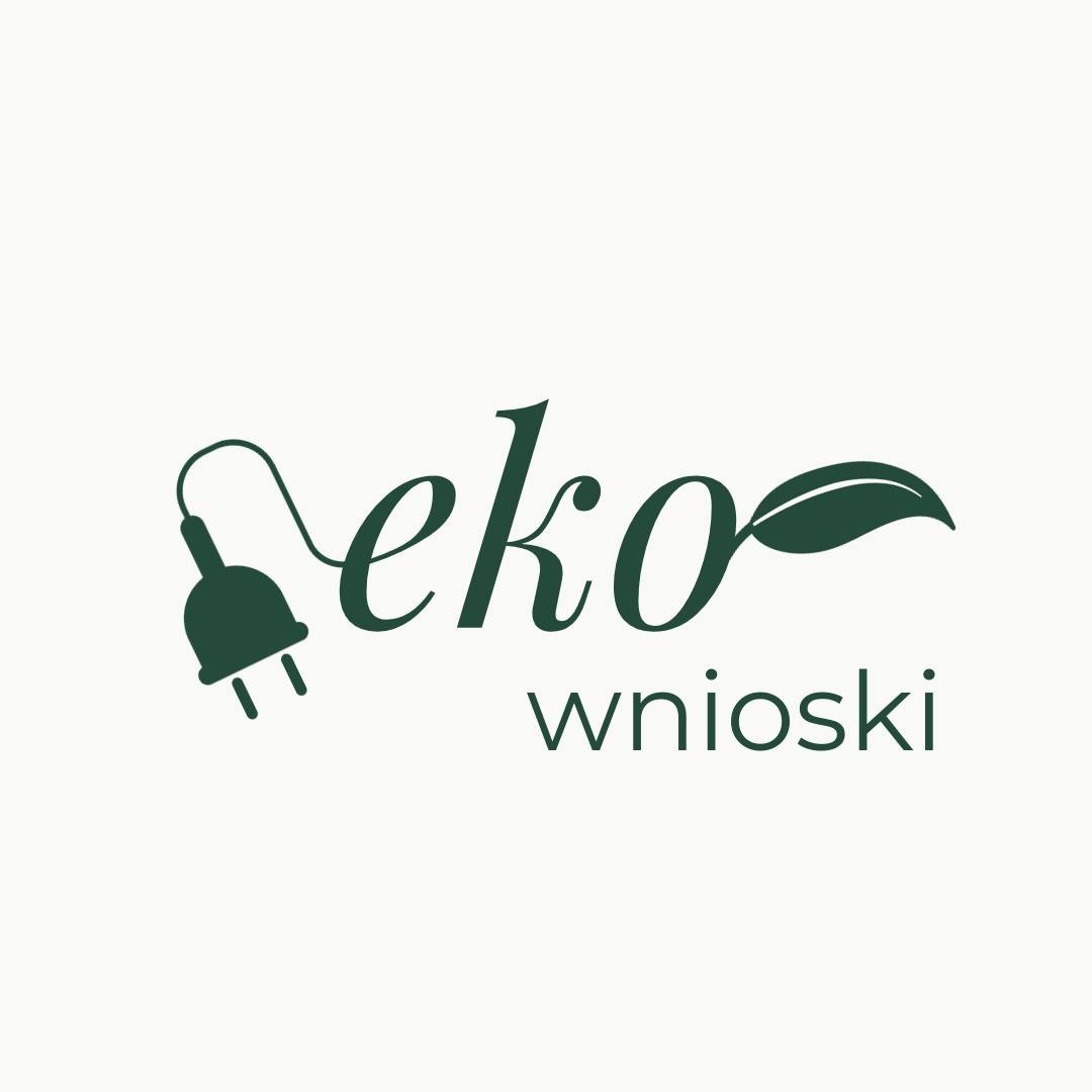 Grafika z napisem 'Eko wnioski' w kolorze zielonym, z symbolem wtyczki i liścia. Minimalistyczny design na jasnym tle.