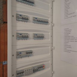 INSTALL ENERGY Łukasz Stępniak - Rozdzielnica elektryczna Hager wewnątrz budynku w stanie surowym, z otwartymi drzwiczkami i listą obwodów. Widoczne zabezpieczenia i wyłączniki.