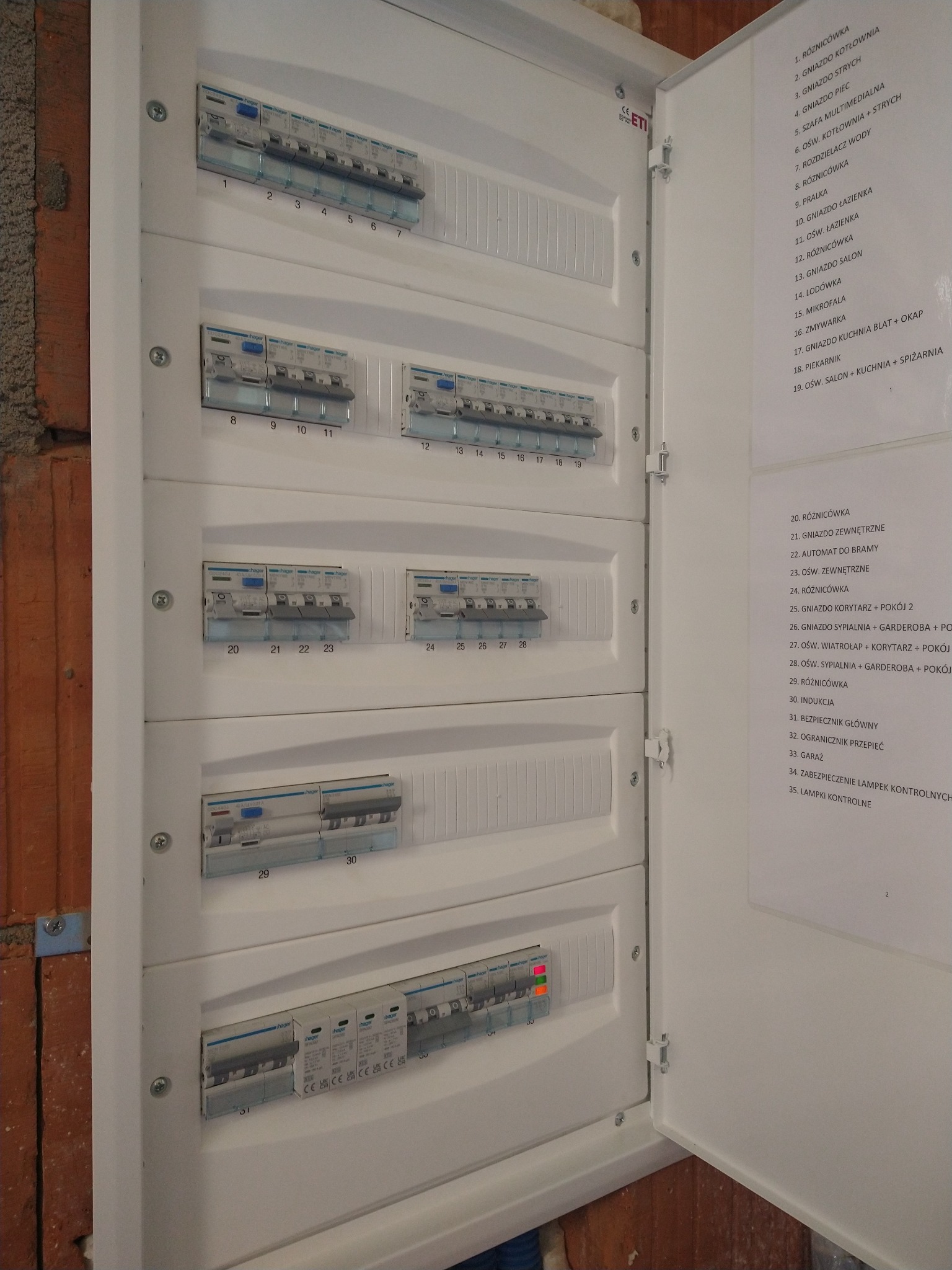 Rozdzielnica elektryczna Hager wewnątrz budynku w stanie surowym, z otwartymi drzwiczkami i listą obwodów. Widoczne zabezpieczenia i wyłączniki.
