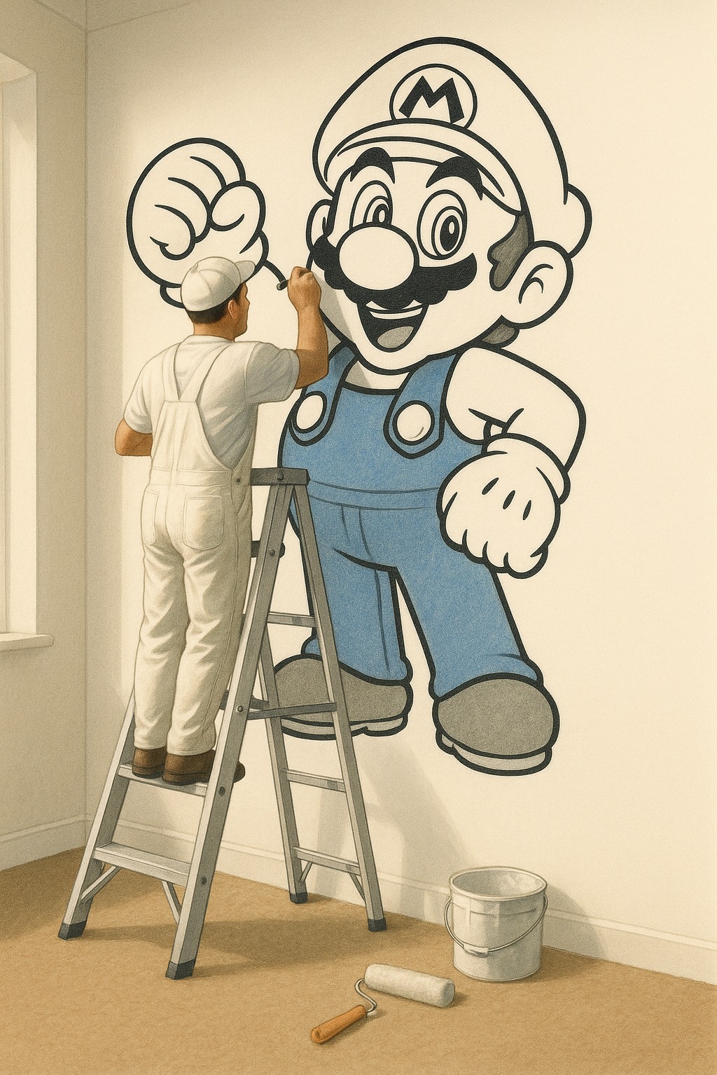 Mężczyzna na drabinie maluje na ścianie postać z gry Mario, używając cienkiego pędzla. Obok stoi wiadro z farbą i leży wałek.