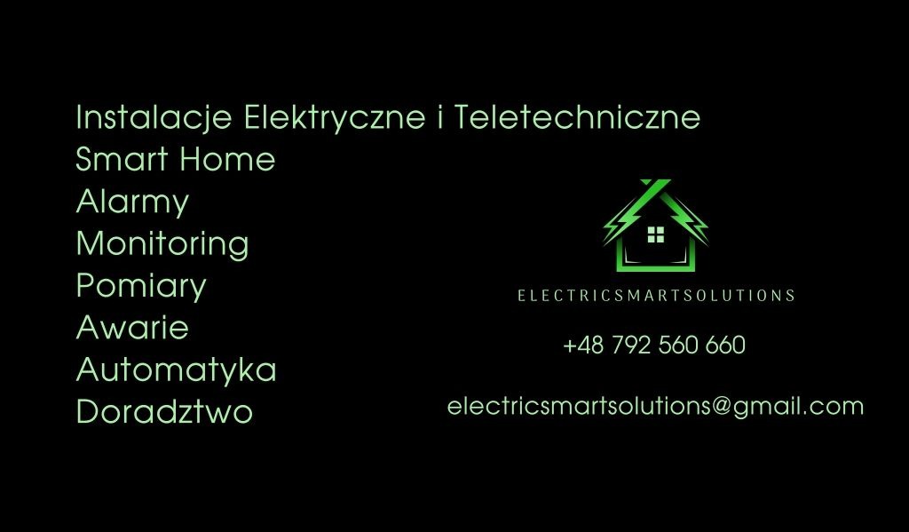 Grafika z listą usług elektrycznych i teletechnicznych, logo firmy Electric Smart Solutions, numerem telefonu i adresem e-mail na czarnym tle.