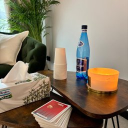 PsychoNovatis Centrum Terapii - Gabinet terapeutyczny: karty, chusteczki, woda i świeca na stoliku kawowym, obok zielona sofa i roślina doniczkowa. Przytulna atmosfera.