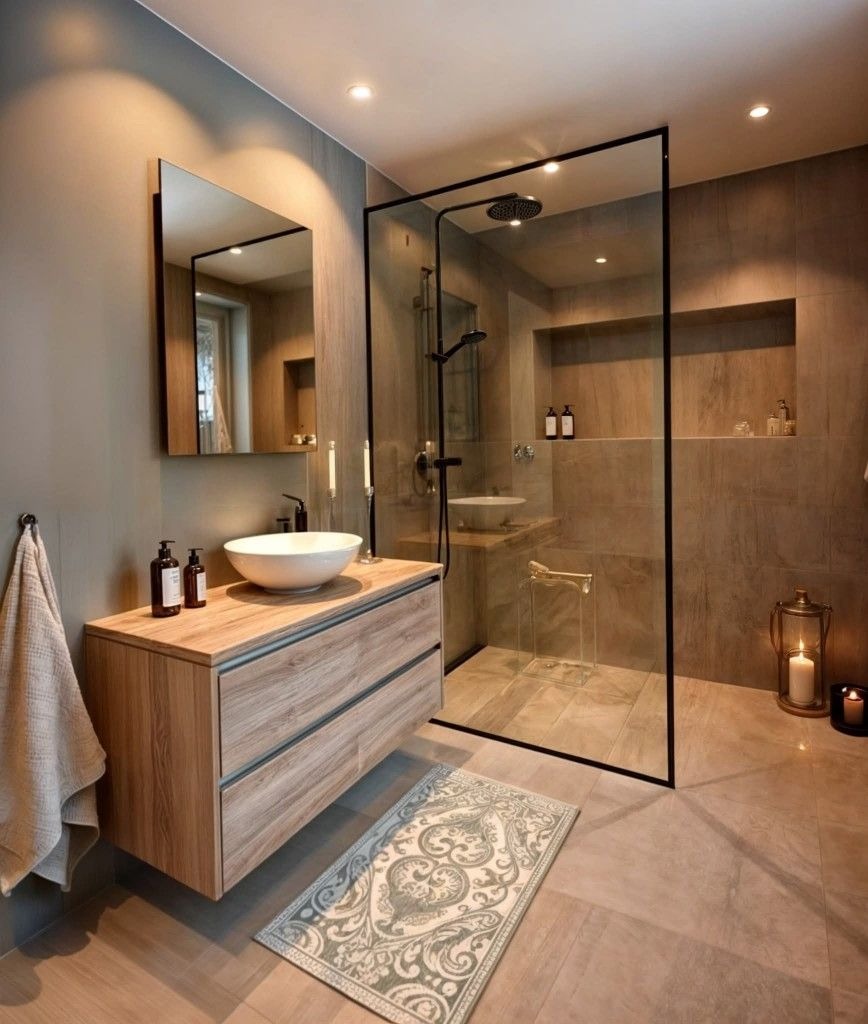 Nowoczesna łazienka z kabiną typu walk-in, drewnianą szafką pod umywalką i lustrem. Stonowana kolorystyka, oświetlenie punktowe i dekoracyjny dywanik.