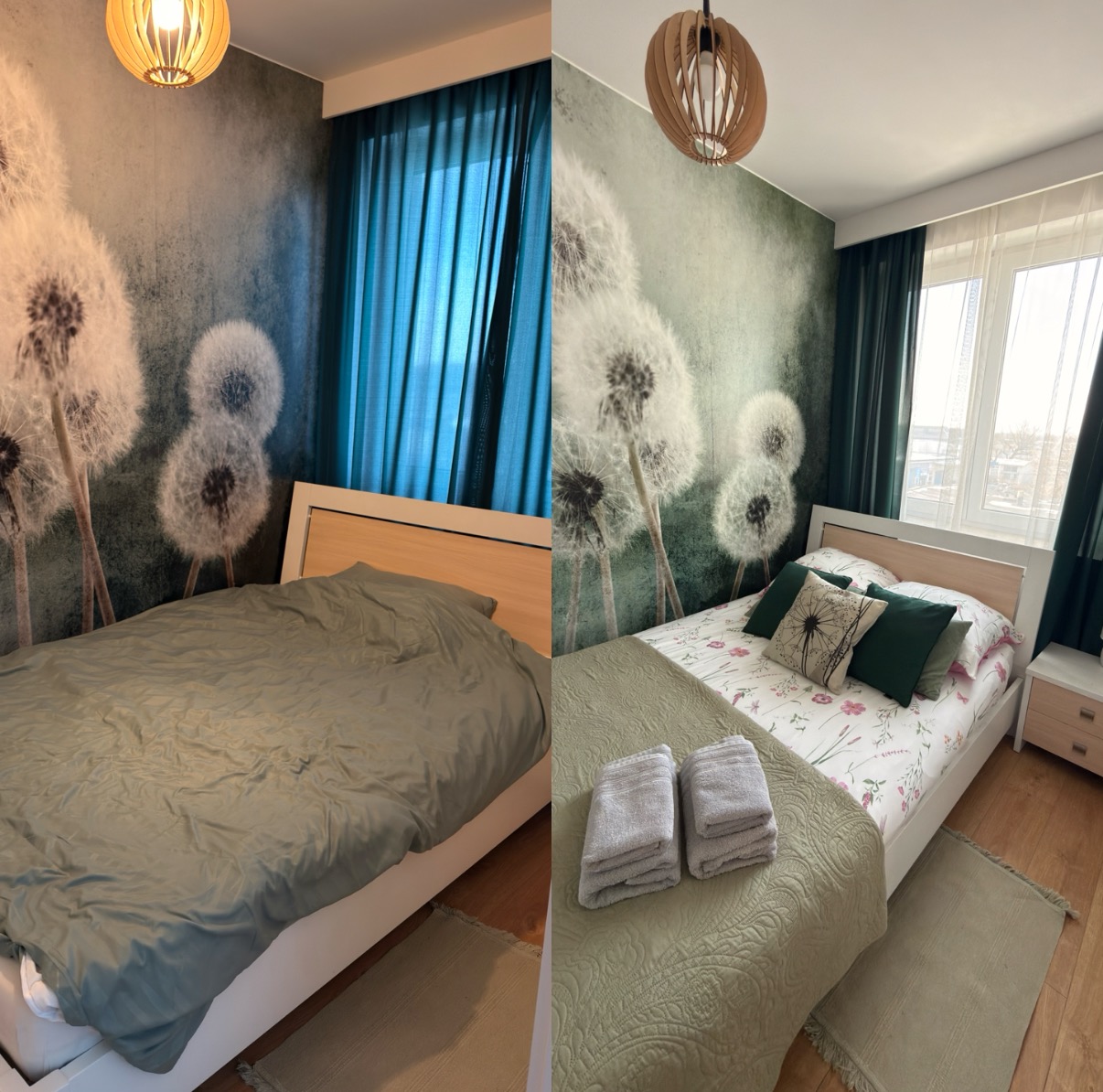Sypialnia przed i po posprzątaniu: po lewej niepościelone łóżko, po prawej świeża pościel, ułożone ręczniki, schludny wygląd. Tapeta z dmuchawcami.