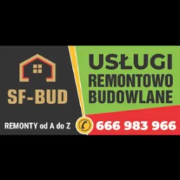 Baner reklamowy firmy SF-BUD oferującej usługi remontowo-budowlane od A do Z. Na grafice logo firmy, numer telefonu i hasło reklamowe na zielono-czerwonym tle.